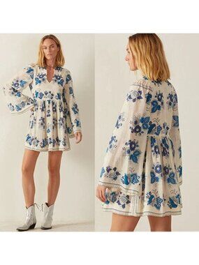 NEW Alix of Bohemia Silvie China Panel Floral Mini Dress Blue Size: Extra Small